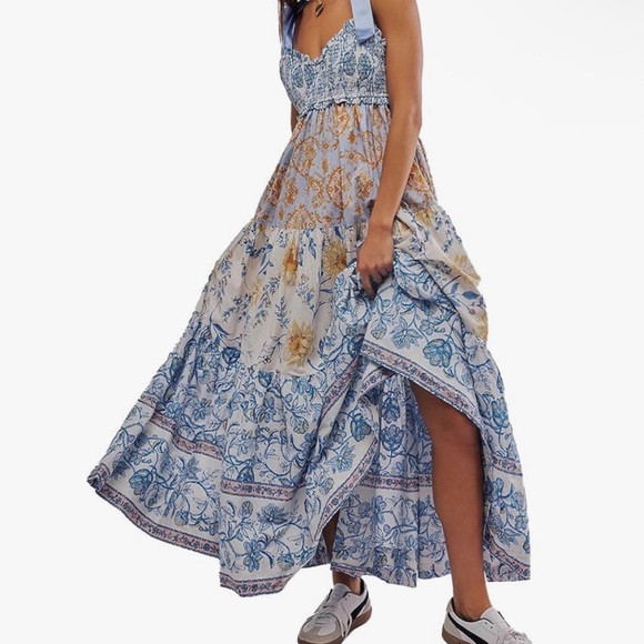 Dresses & Skirts - Floral Maxi Dress with Blue and Yellow Patterns